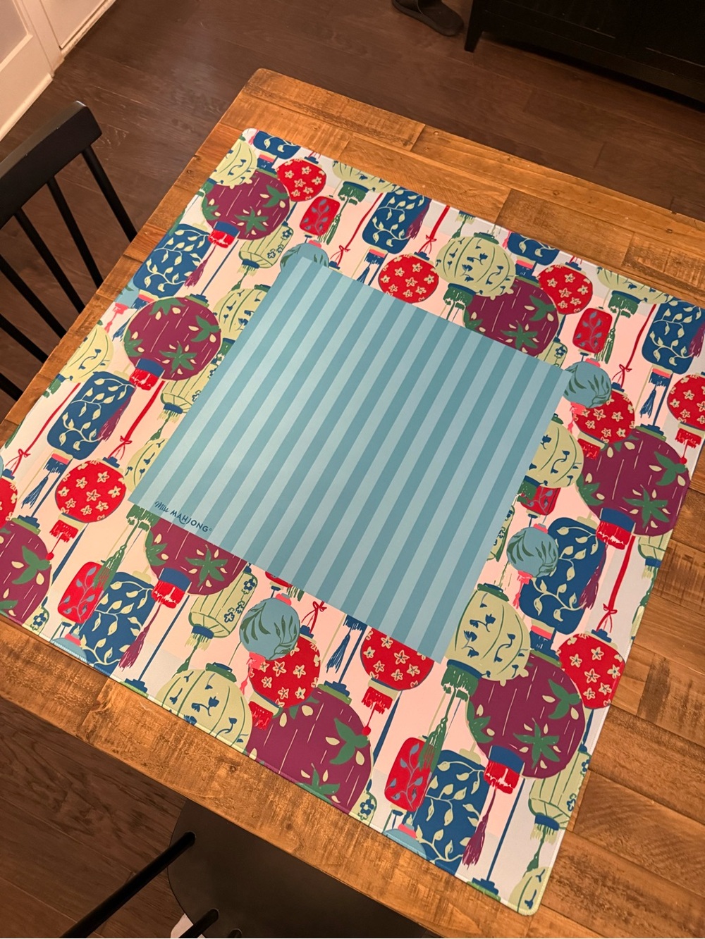 Mahjong mat with Blue Center and Multicolor Lantern Border